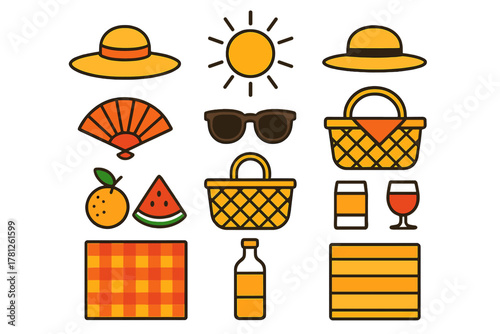 Summer vacation and picnic essentials set including sun hats sunglasses baskets fruit and beverages