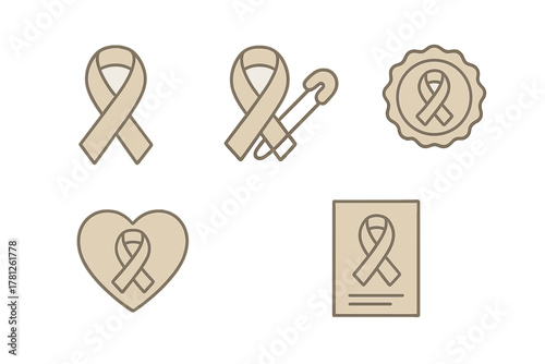Set of beige awareness ribbons and symbols including heart shape and safety pin