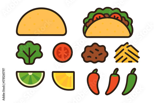 Set of Mexican food ingredients including chili pepper, lime, tomato, lettuce, and a prepared taco