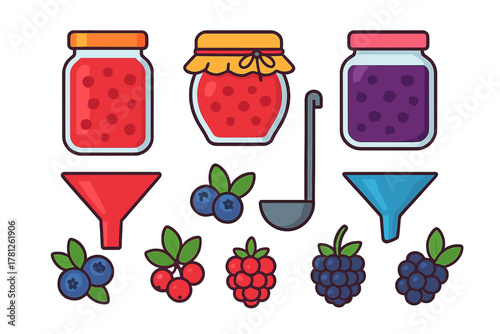 Homemade berry jam jars, fresh wild berries, kitchen funnels, and ladle set