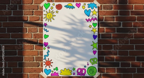 Colorful doodle poster with playful drawings on brick wall background