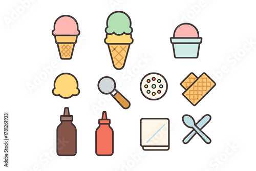 Colorful collection of ice cream desserts, waffle cones, scoops, sauces, and serving utensils
