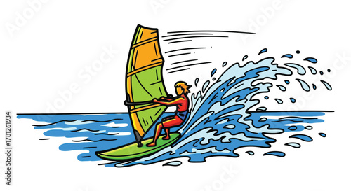 Windsurfer riding wave with colorful sail, dynamic water sports illustration, active lifestyle