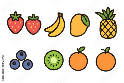 Vibrant collection of tropical and berry fruits including mango pineapple kiwi and strawberries