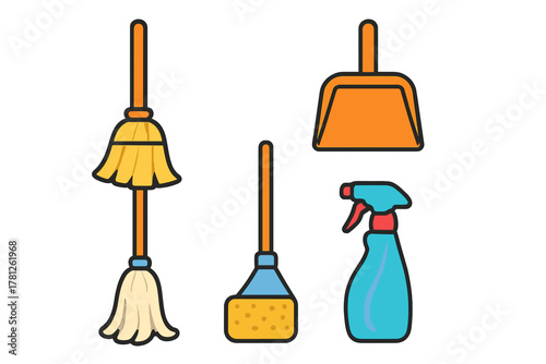 Essential household cleaning tools collection including broom, mop, dustpan, and spray bottle