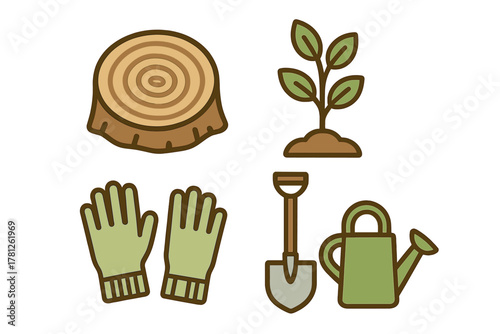 Essential gardening tools and nature elements including tree stump, gloves, shovel, and seedling