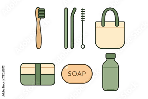 Sustainable reusable products for zero waste lifestyle including toothbrush metal straws and tote bag