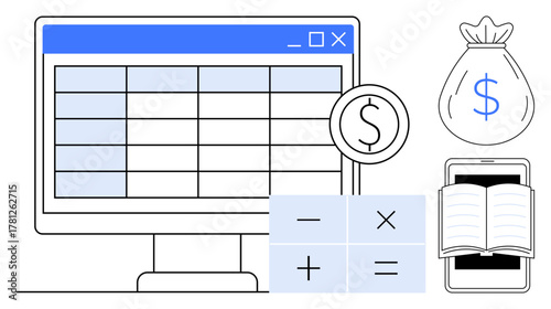 Spreadsheet displayed on computer screen, calculator with math operations, bag with dollar sign, smartphone showing open book. Ideal for finance, accounting, budgeting, money management, digital