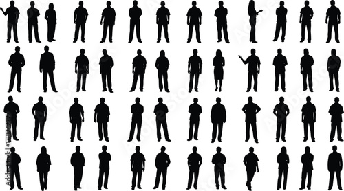 Silhouette standing human figures in multiple poses, posture diversity, gesture reference, body language, lifestyle illustration, design, animation set