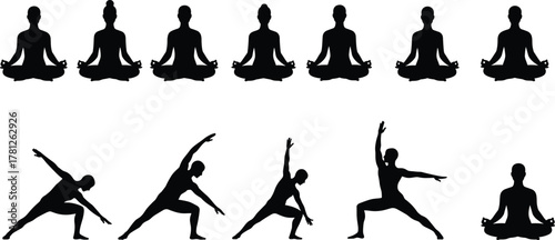 Yoga silhouettes of people meditating in lotus pose, mindfulness, balance, relaxation, wellness, inner peace, healthy lifestyle