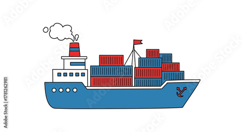 Illustration of a blue cargo ship with red and blue shipping containers and smoke from the chimney