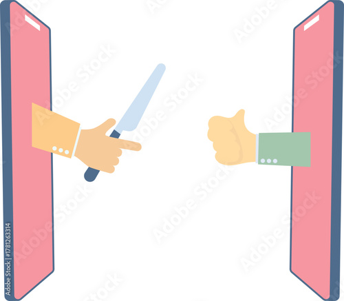 Fight against financial crime or cybercrime, fight against internet fraud, phone fraud, smartphone screen fist hitting another smartphone screen holding a knife hand

