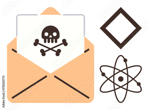 Open envelope with skull-and-crossbones letter, radiation hazard diamond, and atom symbol. Ideal for cybersecurity, caution, alert, malware, communication risks danger signals hacking. Simple flat