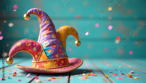 a Medieval jester hat with confetti banner, carnival, copy space, new, modern, flying, turquiose, pastel,  light, on, solid, background, wood, photo, macro, creative, concept, card, poster, ad, 3d, 1