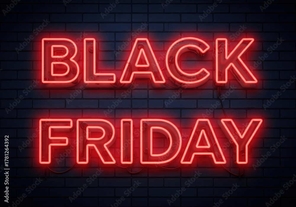 Obraz premium A striking “BLACK FRIDAY” sign written in bright red neon letters on a dark brick wall.