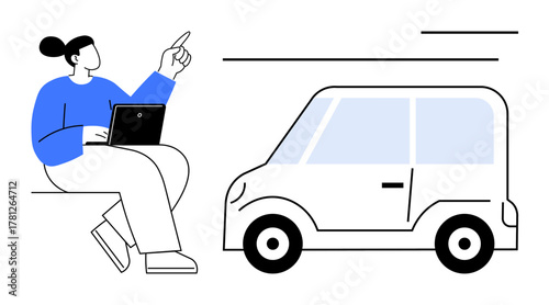 Person sitting with open laptop, pointing at moving car, suggesting technology, mobility, and communication. Ideal for automotive, tech, transport, innovation digital interaction or autonomous