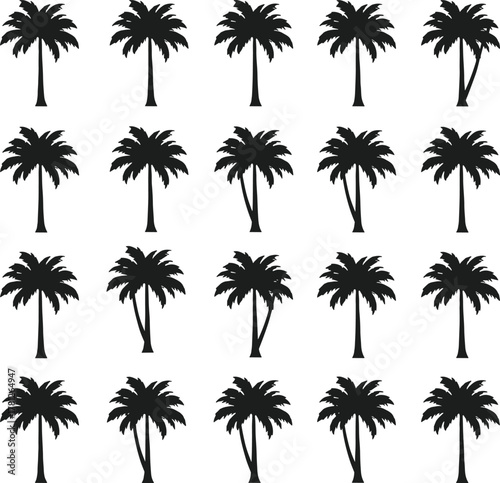 Palm tree silhouettes, tropical foliage grid, beach icons, exotic plants, summer nature shapes, jungle elements, vector palm pattern