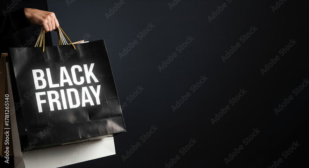 © TAMER YILMAZ - Shopping bags with “Black Friday” written on them, held by a hand against a black background. Copy area.
