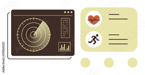 Radar screen with data, heart rate icon, and running figure represent healthcare, activity tracking, and technology. Ideal for health, fitness, monitoring, data visualization wellness diagnostics