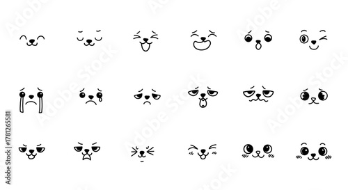 Cute cat facial expression sheet featuring multiple kawaii eyes, mouths, tears, blushes, and emotions. Great for stickers, character design, and digital pets