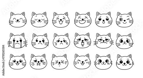 Large sheet of doodled cat facial expressions in black and white perfect for mood boards, kawaii design sets, digital planners, and animation references