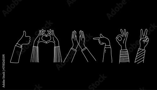 Set of expressive hand gesture illustrations on a dark background perfect for character animation, sticker design, and expressive hand studies