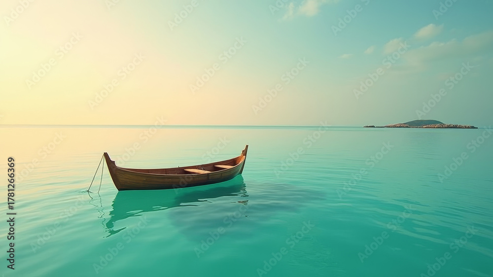 Naklejka premium Wooden boat floating on turquoise sea at sunset, golden light reflection, peaceful minimal seascape