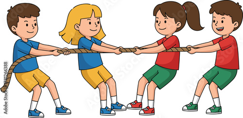 Four kids playing tug of war together, happy cartoon children pulling rope, teamwork, competition and fun outdoor activity