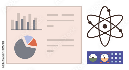Bar chart, pie chart, atomic model, and control panel interface. Ideal for science, education, statistics, analytics, research technology data management simple flat metaphor
