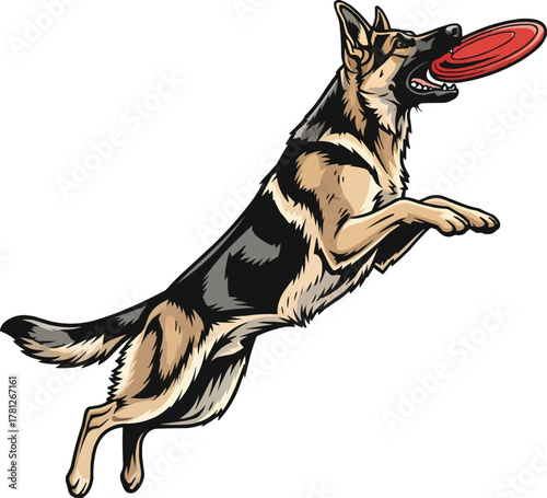 German Shepherd Dog catching frisbee leaping vector illustration