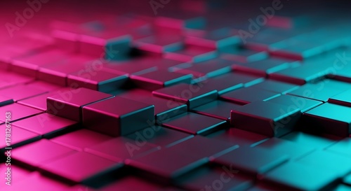 Fototapeta Naklejka Na Ścianę i Meble -  Abstract Geometric Cubes With Pink And Teal Lighting background pattern