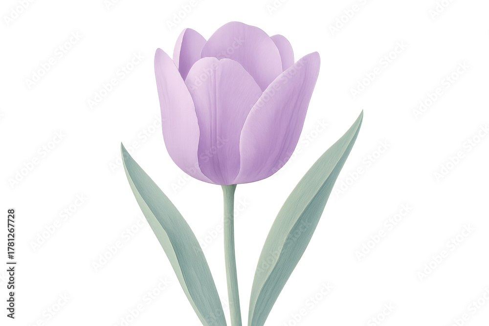 Fototapeta premium Lilac tulip flower with green leaves, transparent background