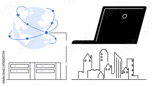 Globe with network lines, laptop, server stacks, and city skyline representing technology, connectivity, data storage, urbanization, global communication, smart cities and digital transformation