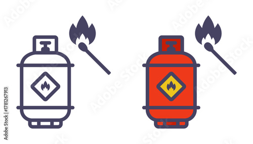 a red gas can next to a burning match. flammable situation. flat vector illustration isolated on white background.