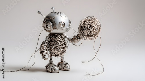 Miniature metallic automaton constructed from tangled wire holds a complicated ball of wiring