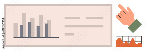 Bar graph, line chart, hand pointing at data, analytics concept for progress tracking, financial review, data insights, decision-making, performance metrics and online learning. Simple flat metaphor