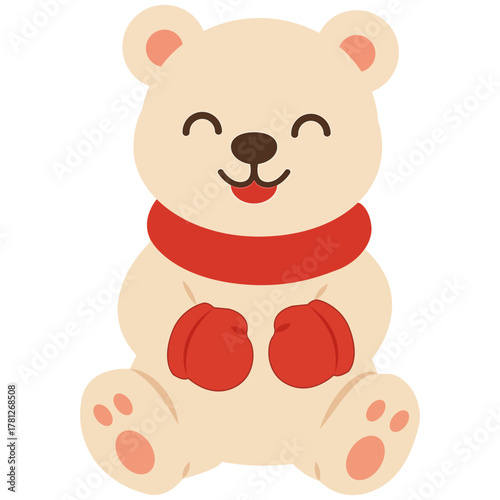  A polar bear cub in a red scarf and mittens
