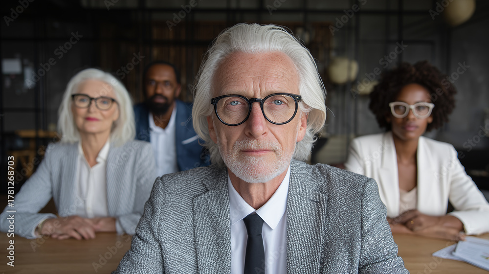 Fototapeta premium senior executive sits at an office table, leadership, partner, surrounded by people in business attire glasses. Pictures for company branding. they are all dressed smartly and professionally. board o