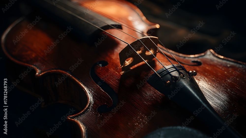 Fototapeta premium Detailed close up highlights the polished wood and strings of a classic musical instrument
