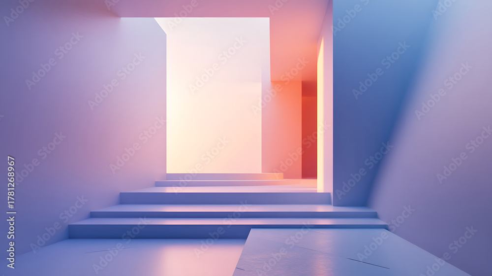 Fototapeta premium A modern minimalist interior with soft colored lighting, empty steps, and clean geometric shapes creating a serene atmosphere.
