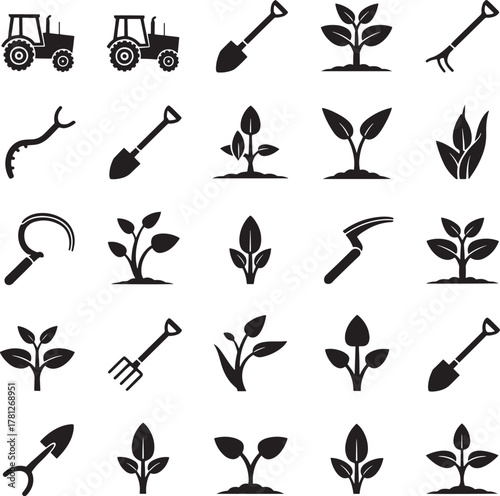 “Seamless Farming And Agriculture Icon Pattern Vector Illustration With Tractor Shovel Fork Seedling And Gardening Tools Silhouette Design Representing Rural Industry Organic Farming And Environmental