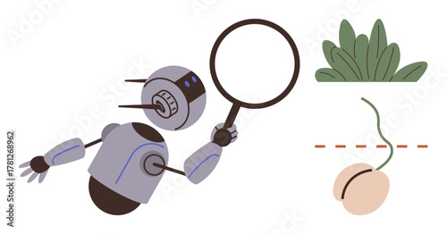Robot holding magnifying glass observes a sprout and greenery, symbolizing analysis, technology, and innovation. Ideal for research, AI, future, science ecology growth learning. Simple flat