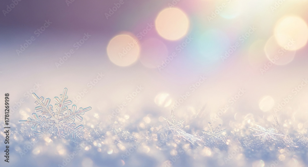 Naklejka premium Close-up of snowflake on snow with bokeh lights, representing winter, coldness and crystalline structure, ideal for holiday or seasonal concept