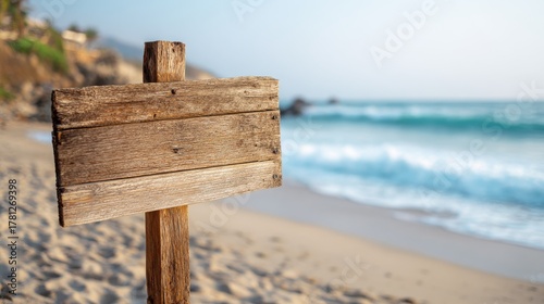 Fototapeta Naklejka Na Ścianę i Meble -  Wooden sign on the beach with sea and sky in background, summer vacation