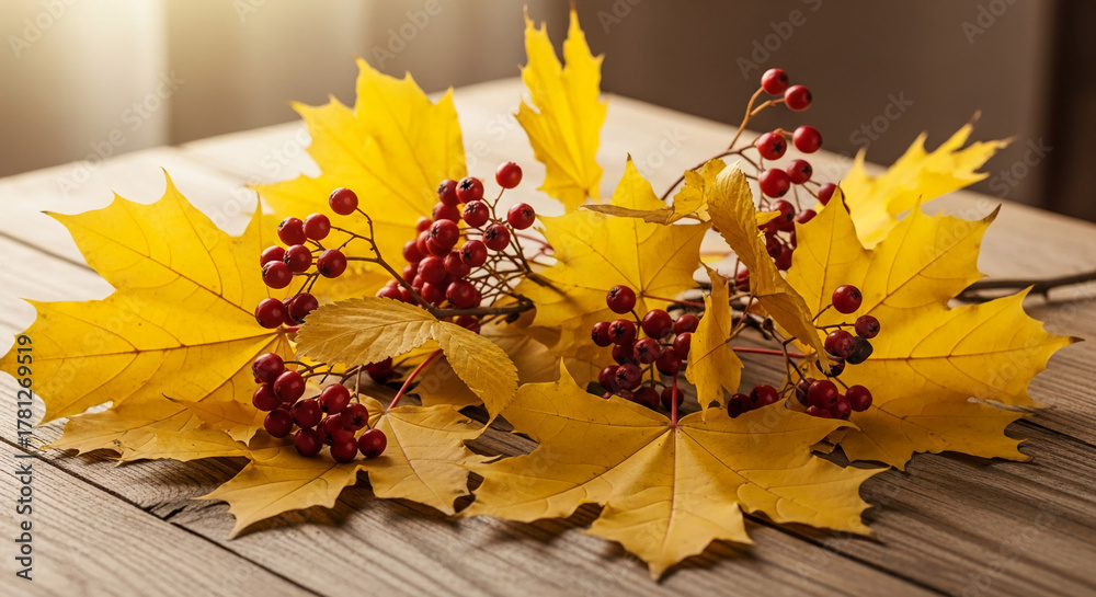 Obraz premium Still life with yellow maple leaf and red berry on wooden surface, representing autumn season, harvest, Thanksgiving, and seasonal transition