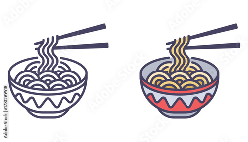 Black icon of Chinese noodles and chopsticks. Flat illustration.
