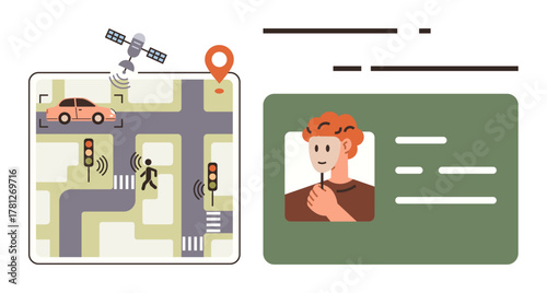Traffic signals and GPS-enabled satellite guide vehicles and pedestrians at intersection, digital ID with a person s photo and data. Ideal for urban planning, technology, AI, smart cities, safety