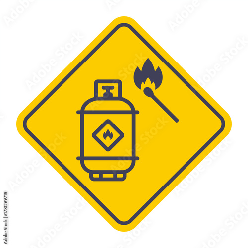 Red gas canister next to a burning match. Fire hazard situation. Flat vector illustration isolated on white background.