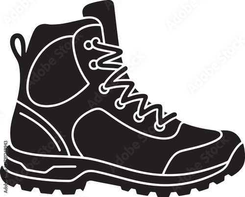 “Black And White Silhouette Vector Icon Of Hiking Boot Outdoor Adventure Shoe Trekking Footwear Illustration For Camping Gear Travel Sports Exploration And Mountain Climbing Concept Design”