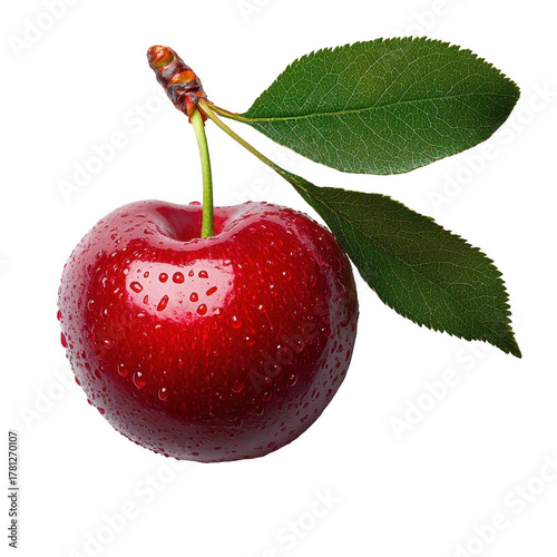 Cherry with leaf isolated on a transparent white background
